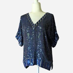 80s Vintage Swee Lo Blue Sequin Silk Blouse